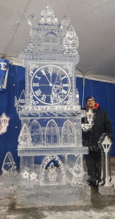 Ice-Sculpture-Clock-Tower-with-Gnomes-and-Greg-Butauski